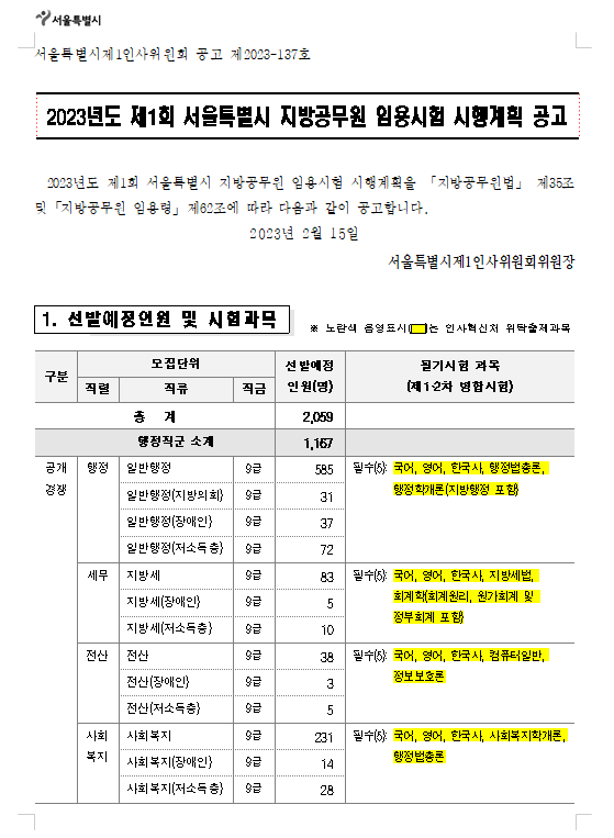 2023년도 제1회 서울특별시 지방공무원 임용시험 시행계획 공고.png